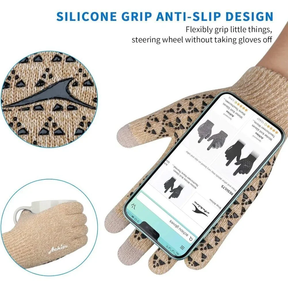 Women's White Khaki Upgraded Touch Screen Thermal Soft Knit Lining Winter Gloves